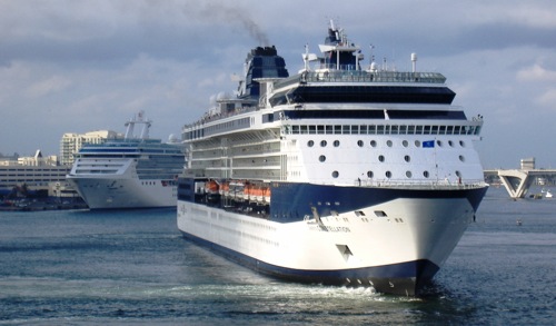 Celebrity Constellation departs Fort Lauderdale (Port Everglades) at sunset, Monday Feb. 23, 2009. Coral Princess, left, departed moments later.