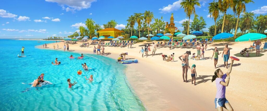 A stretch of gorgeous beach and crystal blue water with kayak and paddleboard rentals and plenty of space for games or lounging