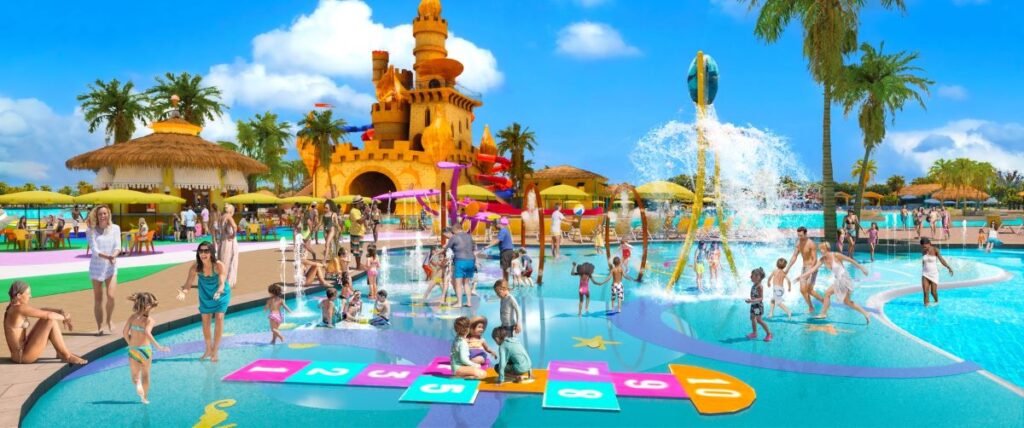 For toddlers and small children the Guppy Grotto splash pad is a colorful coral-reef themed childrens water play area