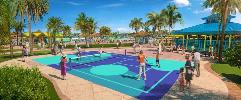 The Sports Court includes volleyball basketball and pickleball courts adjacent to the Game Pavilion